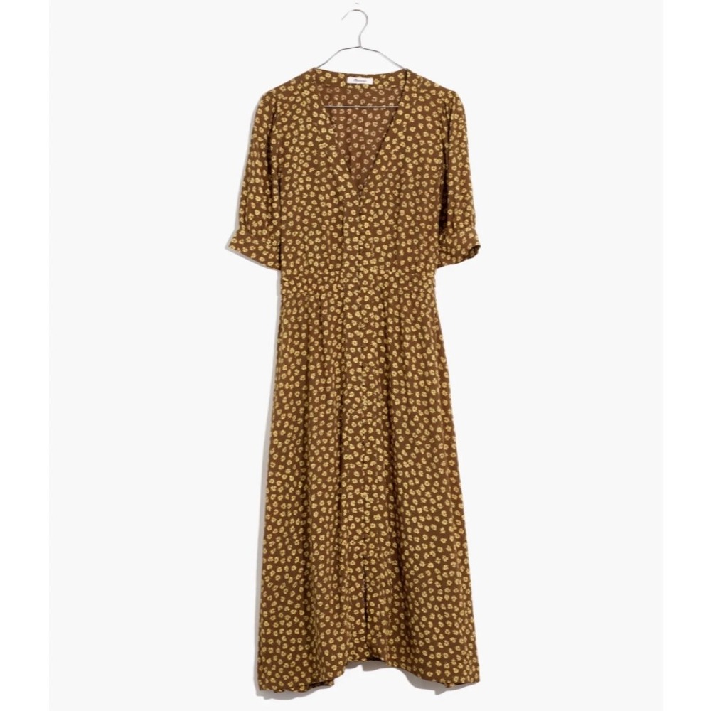 Madewell Floral Button Cuff Midi‎ Dress Woodcut Flowers Cottage Peasant 4 Small